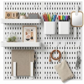 White Pegboard Wall Organizer Kit, 4 Pcs 12 x 12 in ABS Plastic Peg Board Panels with 10 Small Hooks, 2 Big Hooks, 2 Shelves, Wall Mounted Pegboard for Desk, Craft Room, Office and Kitchen Storage