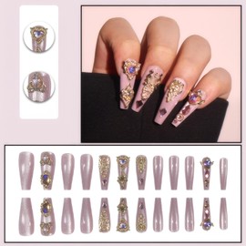 Rchovsam xl Cat Eye Press on Nails Long Coffin Fake Nails Gold Decor With Diamond Design False Nails Full Cover Gel Nails Gift for Womens 24pcs
