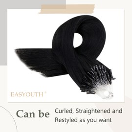 Easyouth Real Hair Extensions Micro Ring Black Real Hair Micro Ring Extensions Jet Black Micro Ring Real Hair Extensions 16 Inches 50 g #1