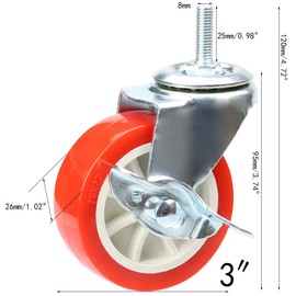 3 Inch Swivel Caster Wheels with Brake Set of 4, YEEMIGO Metric Size M8×25mm Threaded Stem Castors, Casters Heavy Duty-Total Capacity 450lbs, Replacement for Cart Furniture Workbench and Trolley