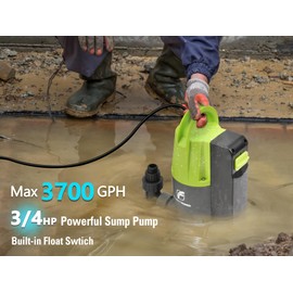 FLUENTPOWER 3/4HP Submersible Sump Pump, 3700GPH Utility Dirty Water Pump, Auto/Manual Control with 26.4 Ft Cord, Adapter, Check Valve and Rope for Basement Flood Cellar Pool Tub Garden Pond