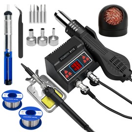 8118 Soldering Station Kit: Includes an 8118 hot air gun, 2 rolls of solder wires, 5 soldering tips, a simple stand, a desoldering pump, and a pair of curved tweezers