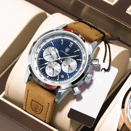 HUNRUY Fashion Business Mens Watches with Leather Band Waterproof Chronograph Quartz Watch for Men, Auto Date (Silver-Dark Blue)