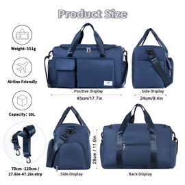 FIORETTO Womens Mens Sports Gym Bag Duffle Bag with Shoes Compartment, Weekend Travel Bag Overnight Bag for Women, Water Resistant Holdall Hospital Bag for Swimming Blue