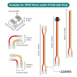 FCOB 10mm COB 3Pin Connectors Kit for RGB Smart IC WS2811 630LED/m Strip, L-Shaped Corner Connector/Dual-End Extension Connector/Strip to 3Pin JST, 22AWG Strip to Wire, Gapless Solderless Connectors