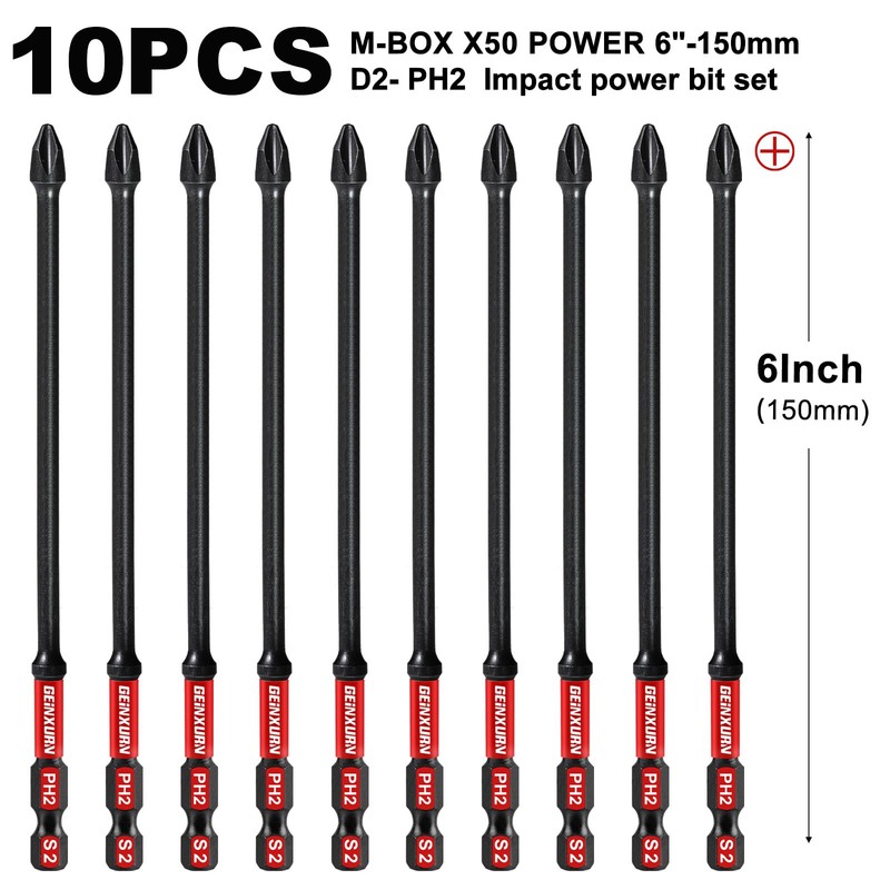 Geinxurn Impact Tough 6 in. #2 Phillips Screwdriver Bits Set,10