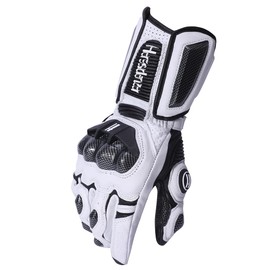 Harssidanzar Leather Motorcycle Gloves for Men and Women, Touchscreen Powersports Carbon Fibre Knuckle Protection Motorcycle Gloves KM045, White Black, Size XL