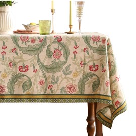 patdrea Designer Green Tablecloth for Rectangle Tables,Vintage Linen with Leaves and Flowers Pattern Tablecloths,Farmhouse Floral Table Cover Cloth Decor for Kitchen Dining Christmas,63"*94"