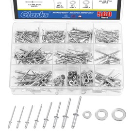 Glarks 560pcs Silver Blind Rivets Mounting Kit, 8-Size Aluminium Pop Rivets with 3-Size Backup Washer Assortment Kit for Aviation Automotive Furniture Use