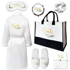 Blue Planet Fancy Dress 7pc Bride Gifts Botanical Bride Dressing Gown Robe Set White Large Tote Bag Makeup Bag Slippers Bracelet Sleep Mask Gift for Wedding Day Spa Party Proposal Bridal Shower