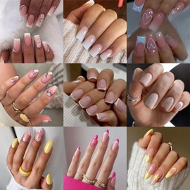 9 Packs (216 Pcs) Press on Nails, Jsiallye Pink Gradient Press on Nails Square, Short French Tip Press on Nails Almond, Glue on Nails for Girl Nail Art, 12 Size of Fake Nails - 9 Styles Nail Kits