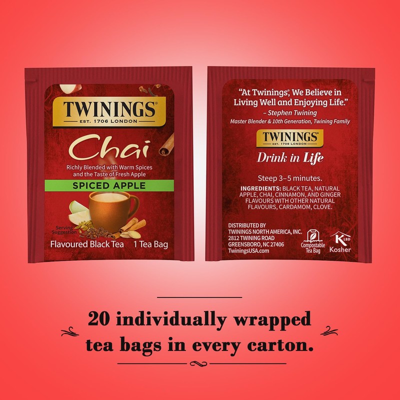 Twinings Spiced Apple Chai Black Tea Individually Wrapped Bags, 20