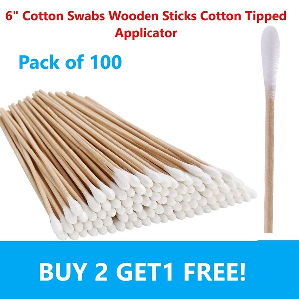 100pc Cotton Swabs Swab Q-tips 6" Long Wood Wooden Handle Cleaning Applicators