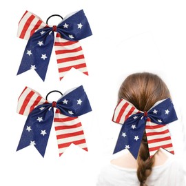 2Pcs American Flag Glitter Ribbon Cheerleading Bows Large Cheer Hair Bows Elastic Bands Handmade Ponytail Holder for 4th of July Independence Day (glitter a)