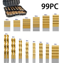 Set of 99 Metal Drill Bits Size Range 1.5-10mm Titanium Coated Metric 135° Steel Drill Bits for Steel, Aluminum, Copper, Soft Steel Alloys, Wood, Plastics, Metalworking