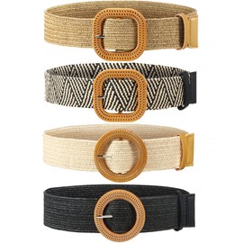 4 Pack Straw Woven Belt Elastic Stretch Rattan Waist Belt Women Skinny Raffia Dress Belt Wooden Buckle Waist Dress Band (Retro Color, X-Large)