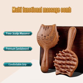 Massage device,Scalp massage comb natural golden sandalwood comb，Wooden massage comb, wide teeth, smooth, A handheld massage comb in the shape of a kitten