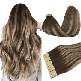 DOORES Tape in Human Hair Extensions Remy Balayage Chocolate Brown to Honey Blonde 18 Inch 20pcs 50g Real Tape in Straight Skin Weft Natural