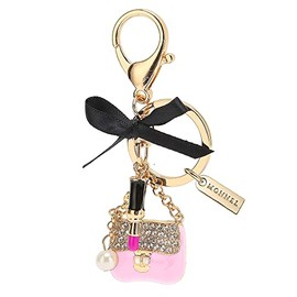 MONNEL Women's Zinc Alloy Metal 3D Crystal Handbag with Lipstick Bow Charm Lobster Clasp Key Ring Keychain ZM35 (Pink)