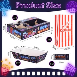 Nexhyp 48PCS Movie Night Accessories Snack Tray Set - Red Popcorn Boxes Bags, Reusable Cardboard Trays, Movie Ticket Cards for Cinema Themed Parties