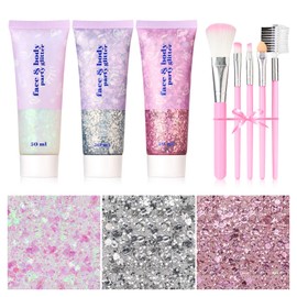 Pack of 3 Body Glitter Gel, Glitter Face Festival Glitter Face, Glitter Make-Up for Face, Body Glitter Gel Face, Glitter Gel, Face Glitter (White + Silver + Pink + 5 Brushes)