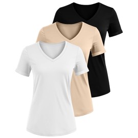 Ficerd 3 Pack Women's V Neck T Shirts, Cotton Summer Casual Short Sleeve Tops Loose Fit Rolled Sleeve Tees 2025 Trendy Shirts(Black, White, Apricot,Large)