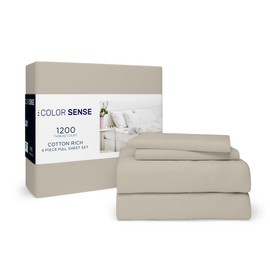 Color Sense 1200 Thread Count Queen Size Sheets Set Beige, Ultra Soft Cotton Rich Easy Care Sateen Sheets, Moisture Wicking Bed Sheet with Deep Pocket (1 Flat Sheet, 1 Fitted Sheet & 2 Pillowcases)