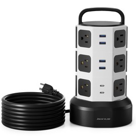 Power Strip Tower Surge Protector, JACKYLED 1625W 13A Outlet Surge Electric Tower, 12 Outlets 6 USB Ports Charging Station with 16AWG 15ft Heavy Duty Extension Cord for Home Office Dorm