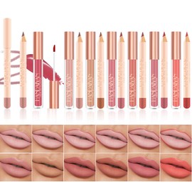 RoseFlower 12 Pcs Lip Gloss Lip liner Set Matte Long Lasting Non-Fading, Liquid Lipstick With Lip Liner Set,Nude Lipstick,Non-Stick Cup, Red Lipsticks for Women Long Lasting, Lipgloss set #A