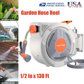Retractable Garden Hose Reel 1/2" x 130Ft 9 Function Sprayer Automatic Rewind US
