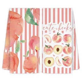 Spring Pink Peach Hand Towels for Kitchen Bathroom Set of 2 - Sweet Cheeks Coral Peach Bathroom Kitchen Decor, Peachs Gifts, Pink Stripes Cute Cheeks Peachs Bath Towels, 16x24