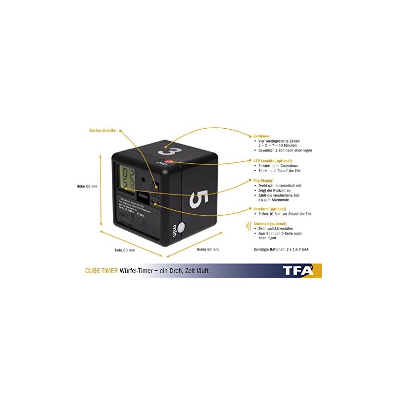 TFA Dostmann Digital Cube Timer, Black, L 60 x B