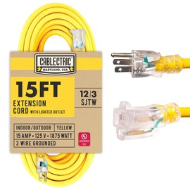 Cablectric 15 Ft Outdoor Extension Cord - 15 Amp 12/3 SJTW Heavy Duty Yellow 12 Gauge Lighted Electrical Cable with 3 Prong Grounded Plug