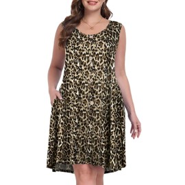 MONNURO Women's Sundresses Plus Size Button Down Summer Dresses Casual Midi Tank Dress Beach Cover Up(Yellow Leopard Print,1X)