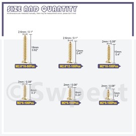 Swpeet 5mm 6mm 8mm 10mm 12mm 16mm Small Wood Screws Assortment Kit, Self Drilling Flat Cross Head Screws Self Tapping Screws Metal Screws Furniture Screws (Gold)