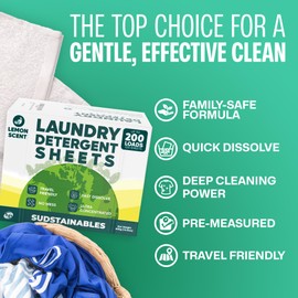 Sudstainables Laundry Detergent Sheets 200 Loads – Dissolvable Laundry Sheet for Washing Machines, Compact Alternative to Liquid & Powder Detergent, Travel-Friendly Soap | Lemon