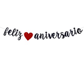 ENILSA Black Glitter Feliz Aniversario Banner for Happy Birthday Wedding Anniversary Party Decorations Spanish Fiesta Mexican Theme Sign Photo Backdrop (Pre-Assembly)