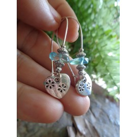 ๑ஐ•✿ GEBLÜMTES SILBER HERZ & WASSERBLAUER STEIN ✿•ஐ๑ OHRRINGE MIT LANGEN HAKEN, Muttertag, Geschenk
