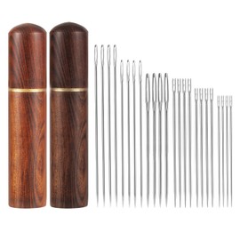 12pcs Self Threading Needles with 12pcs Large Eye Sewing Needle, Metal Hand Tapestry Needle Different Size Side Hanging Yarn Needle Easy Thread with 2 Wooden Case (Silver)