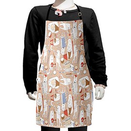 Ambesonne Music Apron, Musician Cats with Drum Accordion Tube Guitar Music Theme Pattern, Small Apron Bib with Adjustable Ties for Baking Painting, Small Size, Warm Taupe White