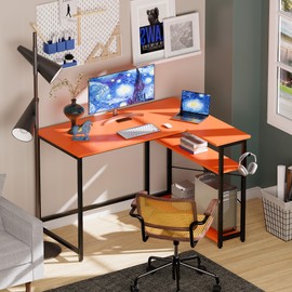Pamray 43 Inch L Shaped Computer Desk with Reversible Side Storage Shelves, Small Corner Desk for Small Space Home Office,Writing Study PC Table for Bedroom,Orange