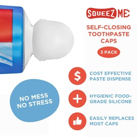 Chrome Cherry SqueezMe Self-Closing Toothpaste Caps, Silicone Lid for Kids & Adults, No Mess Toothpaste Dispenser, Self-Standing Easy Squeezer Cap, Bathroom Accessory, Clear, Pack of 3