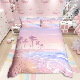 Homewish Pink Beach Duvet Cover Set Twin Size,Kids Girls Romantic Hawaii Ocean Style Bedding Set Teens Lover Room Decor,Palm Tree Comforter Cover Girly Summer Quilt Cover,1 Pillowcase,(No Comforter)