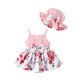 SUNNY PIGGY Baby Girl Clothes Newborn Infant Romper Sleeveless Suspender Dress Summer Outfits Sets with Hat Pink 6-12M