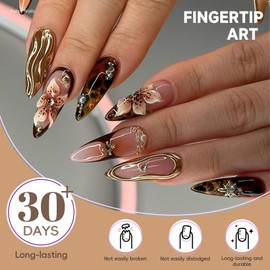 HOSAILY 3D Brown Flower Press on Nails Long Almond, Mirror Metallic Gold Leopard Design Pearl Rhinestone Charm Semi-Handmade Full Cover Stick on Nails for Women, 24Pcs Glossy Fake False Nail with Glue