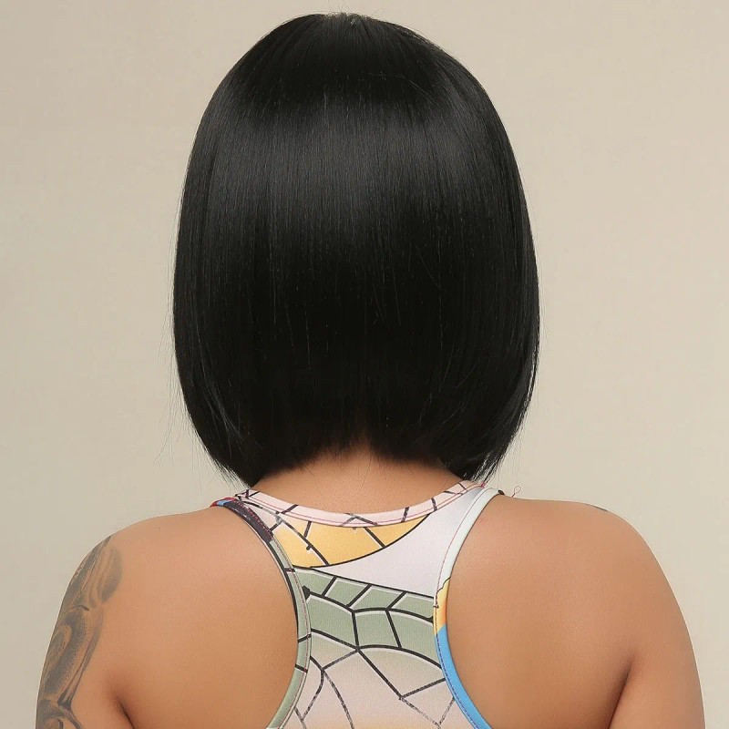 Peluca Corta De Pelo Negro Natural Liso Medio Para Mujer