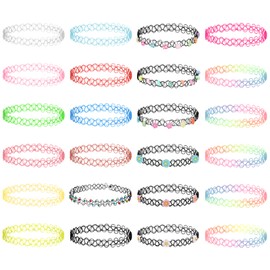 SOSPIRO Pack of 24 Elastic Necklace Tattoo Choker Girls Stretch Choker Chain Set Collar Necklace Chain Rainbow Bracelet for Girls Women Teen Girls Children, Plastic, AS SHOWN