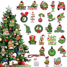 23Pcs Tree Decorations for Grinch, Christmas Decorations, Xmas Tree Decorations for Tree and Windows Winter Christmas Themed Party (With 24*Red Ribbon, 40* Glue Point and 1 Roll of Rope)