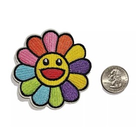 Sunflower Flower multicolor rainbow happy face Iron on Patch - 2.75 Inch FS