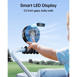SWEETFULL Portable Stroller Fan with LED Display, 4 Speed Rechargeable Mini Clip On Fan, 360° Rotate Flexible Tripod Better Cooling Small Baby Fan for Car Seat Crib Travel Bike Treadmill (Black)